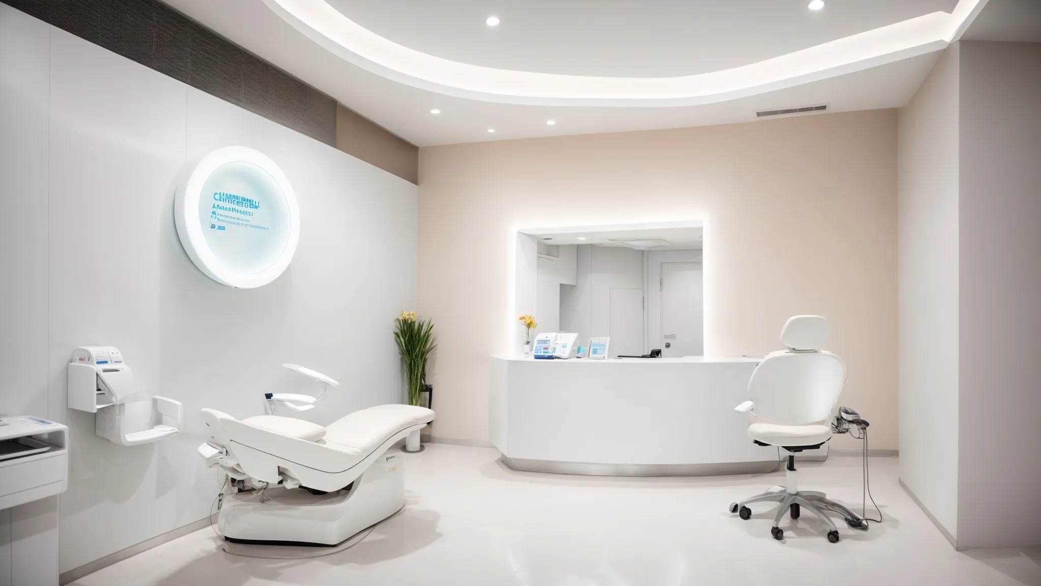 a pristine, modern dental clinic with a bright, welcoming reception area and a white dental chair in the center, waiting for the next smile transformation.