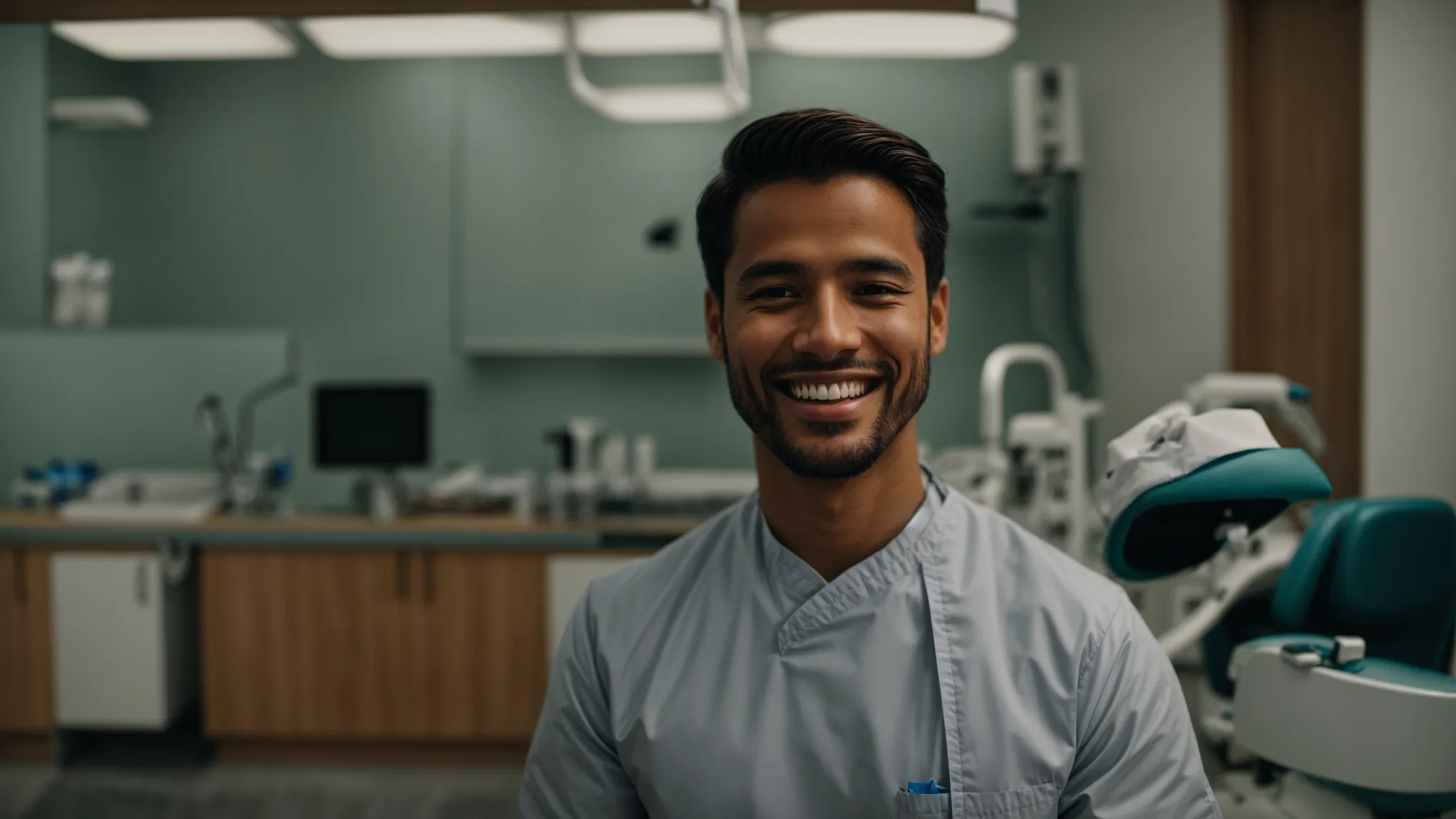 a person smiling confidently in a dentist's clinic with modern equipment visible in the background.