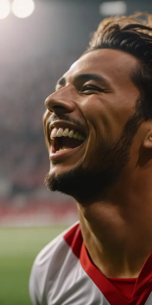 a soccer player celebrates a winning goal with a vibrant, tooth-protected smile on the field.