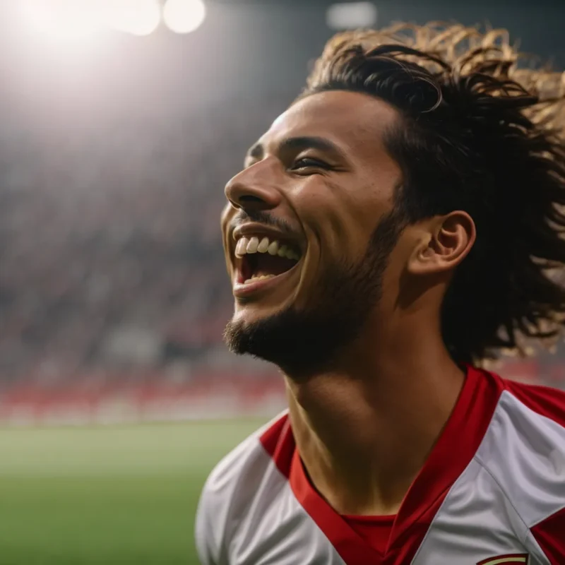 a soccer player celebrates a winning goal with a vibrant, tooth-protected smile on the field.