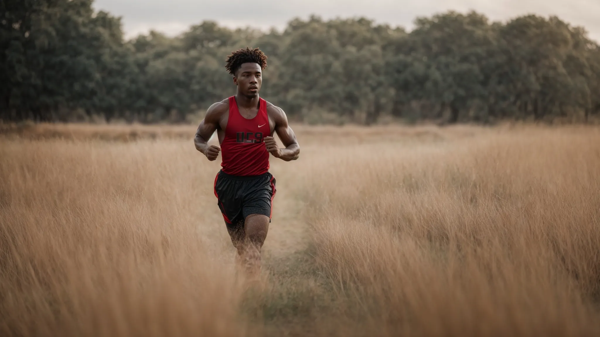an athlete, wearing a mouthguard, sprints across a field with determination.