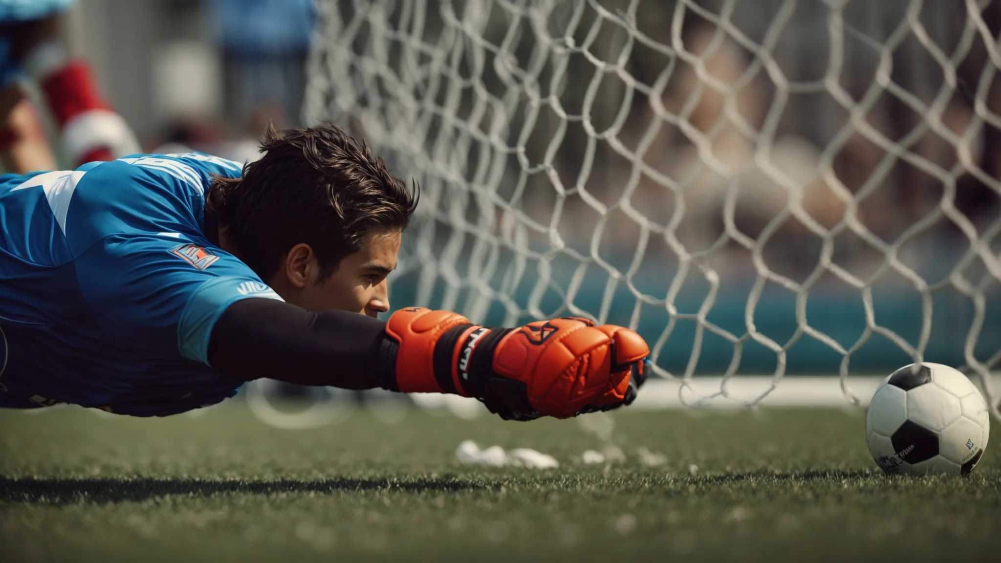 a soccer goalie wearing a mouthguard dives to save a goal.